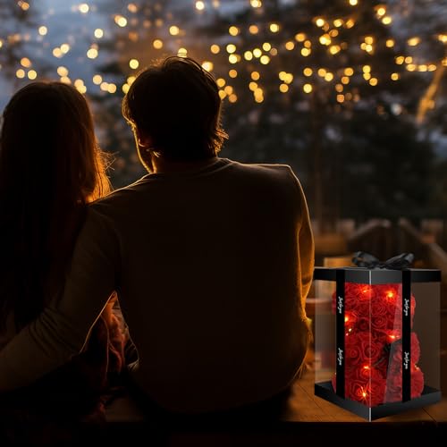 Otlonpe Bear Rose Flower, Mothers Day Flowers Gifts for Mom Wife Grandma Daughter Friends Sister Her, 9 inch Handmade Roses Led Light in Gifts Box, Womens Gifts for Birthday Christmas Valentines