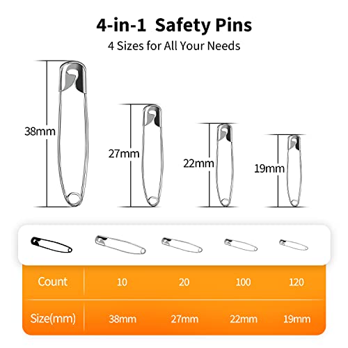 Officepal Premium Quality 4-Size Pack of Safety Pins- Top 250-Count – Durable, Rust-Resistant Nickel Plated Steel Set- Best Sewing Accessories Kit for Baby Clothing, Crafts, Arts (4-Size in 1 No.001)