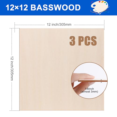 3 Pack Basswood Sheets 1/8"x12"x12", 3mm Basswood for Laser Cutting and Engraving,Thin Plywood Board Unfinished Wood for Crafts, DIY Ornaments and Architectural Model, Wood Burning.