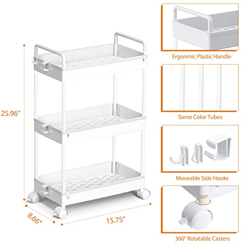 Ronlap 3 Tier Classic Storage Rolling Cart Slim Storage Cart with Wheels Slide Out Storage Rolling Cart Organizer Plastic for Bathroom Laundry, White