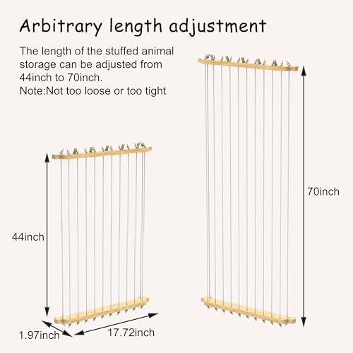 KSXLIUC Stuffed Animal Storage Wood Plush Toys Holder with Hooks, Length Adjustable Hanging Stuffed Animal Toy Organizer Shelf for Nursery Kid Room Play Room Bedroom