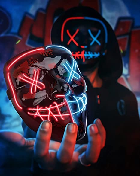STONCH Halloween Mask Skeleton Gloves Set, 3 Modes Light Up Scary LED Mask with LED Glow Gloves, Halloween Decorations Anonymous Carnival Costumes glow purge Masks Gift for Boys Girl