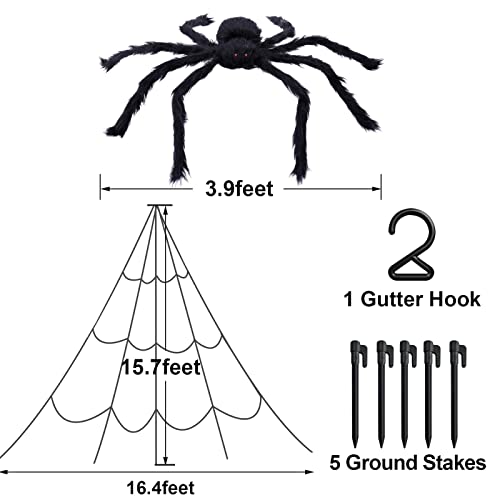 KUCHEY Halloween Decorations Outdoor 200'' Triangular Spider Web + 47'' Giant Fake Spiders, Halloween Decor Indoor Clearance for Home Outside Yard Costumes Party Haunted House Garden Lawn
