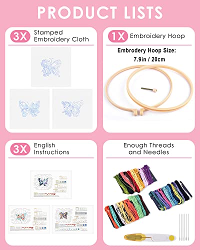TINDTOP 3 Sets Embroidery Stitch Practice kit, Butterfly Flower Embroidery Kit for Beginners Include Cloth Hoops Threads for Craft Lover Hand Stitch with Embroidery Skill Techniques