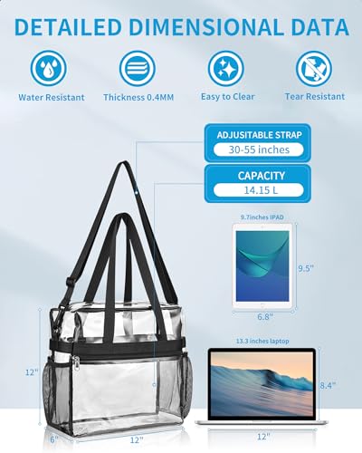 Paxiland Clear Bag for Stadium Events 12x6x12, Large Clear Tote Lunch Bag Stadium Approved with Reinforced Shoulder Straps for Concert Outfits and Festival, Transparent Handbag for Women - Black