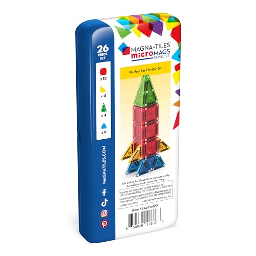 MAGNA-TILES microMAGS 26-Piece Travel Magnetic Construction Set – Bold Colors, The Original Magnetic Building Brand