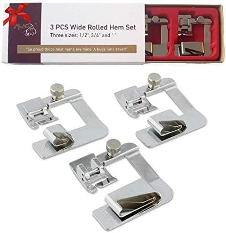 Madam Sew Rolled Hem Presser Foot Set – 3 Piece Wide Hemming Foot Kit Includes 1/2”, 3/4" & 1” Presser Feet – Rolled Hem Foot Compatible with Most Models of Singer, Brother, Babylock, Euro-Pro, Janome