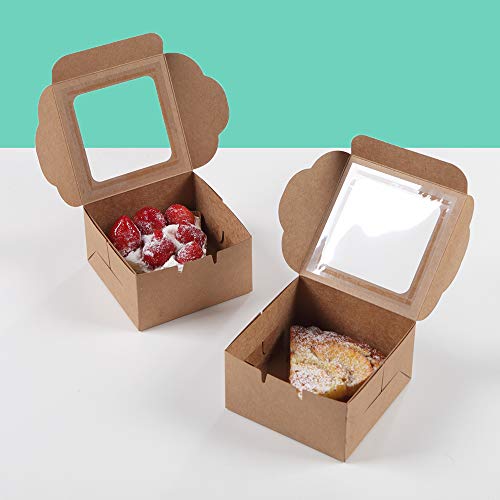 Kraft Paper Bakery Boxes - 50-Pack Single Pastry Box 4-Inch, Packaging with Clear Display Window, Donut, Mini Cake, Pie Slice, Dessert Disposable Take-Out Container, Brown, 4 x 2.3 x 4 Inches