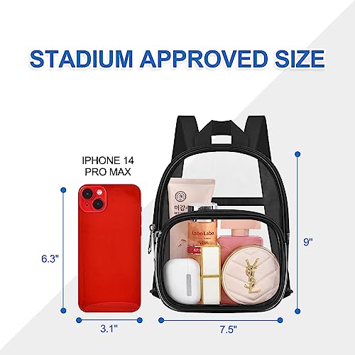 USPECLARE Clear Mini Backpack Stadium Approved, Size 7.5"x2.8"x9" for Girls, for Concert, Festival, Sport Events&Daily Use(Black)