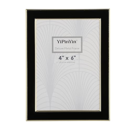 4x6'' Gold Metal Edge frames with Black Enamel set of 2, 6x4''Gold/Black Frame with Easel, Velvet Backing for Countertop, Tabletop Display, Bookshelf, Desk, 4x6''Wall Frames, (4x6'' Black/Gold)
