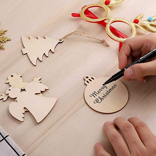 50 Pcs Unfinished Paintable Blank Wooden Christmas Festival Decoration Ornaments, Xmas Tree Hanging Wood Slices for Kids DIY Art Crafts, 5 Designs-Christmas Tree, Snowman, Stars, Angel, Round