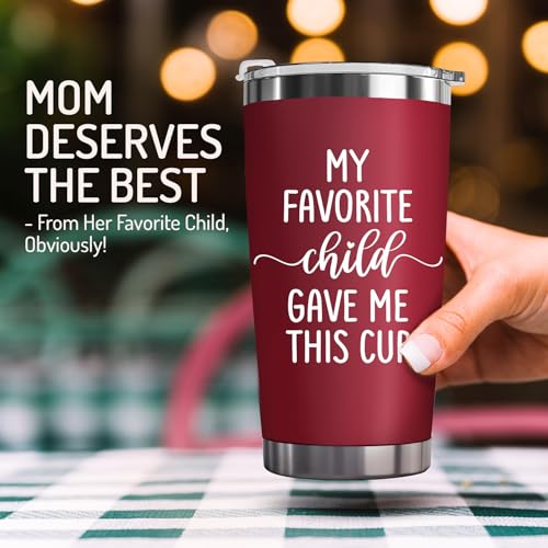 Mothers Day Gifts for Mom from Daughter, Son, Kids - Funny Mom Gift - Mama Coffee Cup My Favorite Child Gave Me This Cup - Birthday, Mothers Day, Christmas Gift Idea - 20oz Stainless Steel Red Tumbler
