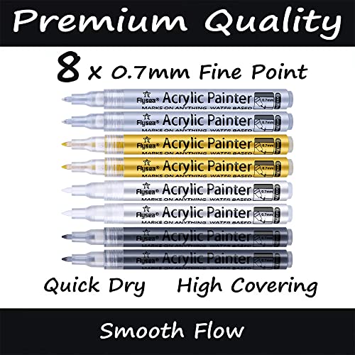 ROUQIUYA 0.7mm Acrylic Paint Pens Black & White & Gold & Silver, 8 Pack Paint Marker Extra Fine for Rock Painting, Stone, Ceramic, Glass, Wood, Blackboard, Fabric, Metal, Paper, Drawing, DIY Art