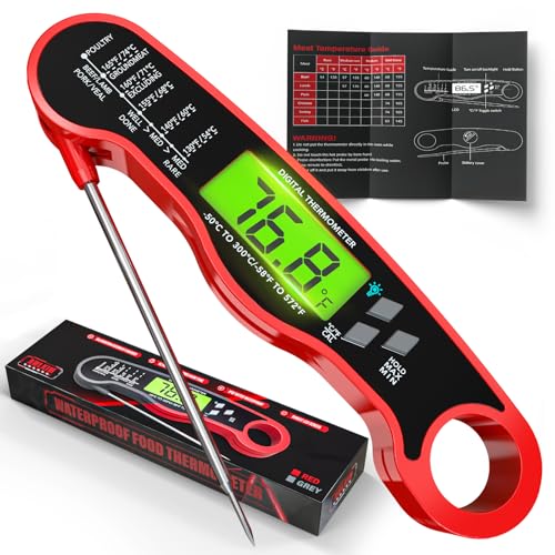 AWLKIM Meat Thermometer Digital - Fast Instant Read Food Thermometer for Cooking, Candy Making, Outside Grill, Waterproof Kitchen Thermometer with Backlight & Hold Function - Red