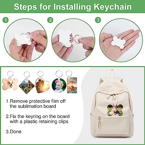 135Pcs Sublimation Keychain Blanks Bulk,MDF Keychain Double Sided Heat Transfer Keychain Board with Film,Key Rings, Plastic Retaining Clips for DIY and Craft(Round, Rectangle, Bone, Square, Heart)