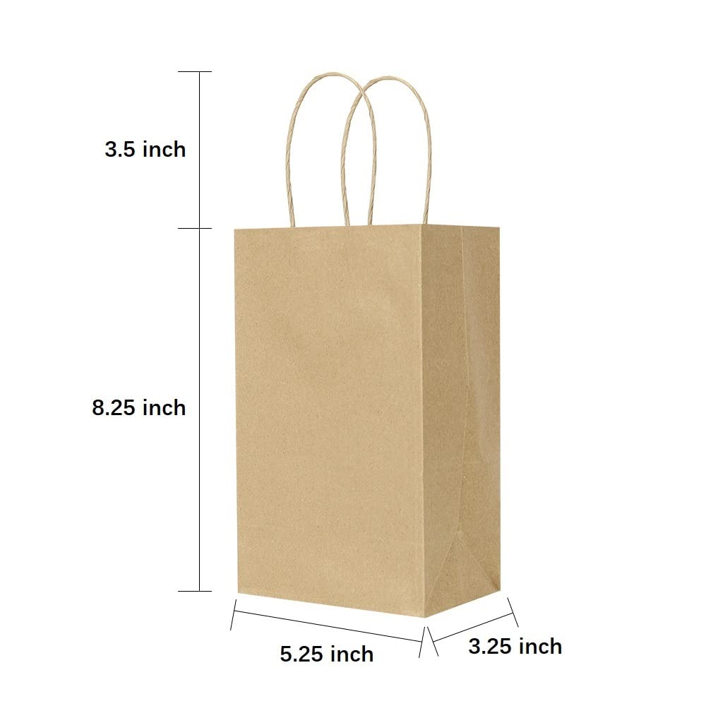 Oikss 50 Pack 5.25x3.25x8.25 Inch Small Gift Bags with Handles Bulk, Kraft Birthday Party Favors Grocery Retail Shopping Business Goody Bags, Craft Plain Natural Paper Bags Cub Sacks (Brown 50 Count)