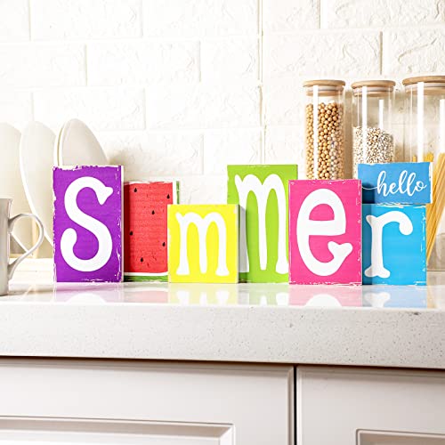 7 Pieces Summer Table Decorations Summer Wooden Sign Decorations for Home Rustic Wood Block Sign Tiered Tray Decor for Kitchen Shelf Home Farmhouse Seasonal Decor(Rustic Style)