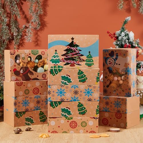 JOYIN 24PCS Christmas Cookie Boxes for Gift Giving, 8.5" x 5.75" x 2.75" Xmas Holiday Treat Cookie Tin with Window, 3 Designs Brown Foiled Kraft Bakery Boxes for Pastries, Cupcakes, Brownies, Doughnut
