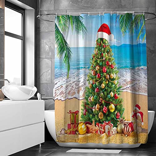 Allenjoy Summer Christmas Tree Shower Curtain Tropical Beach Xmas in July New Year Home Bathtubs Bathroom Curtain Decoration Set 12 Hooks Washable Durable Polyester Fabric 72" x 72"