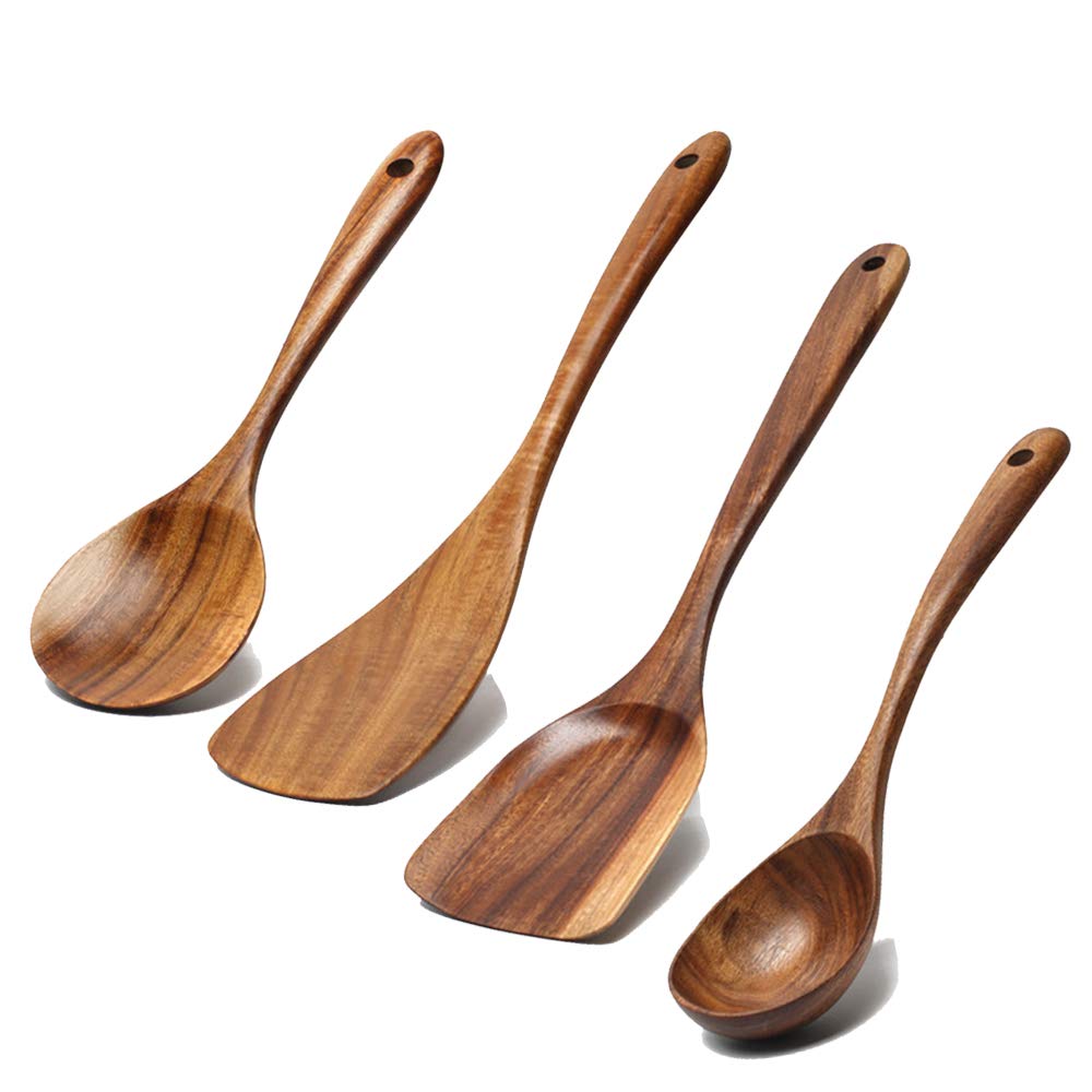 5 Pcs Best Wooden Spoons for Cooking Kitchen Utensils Set Acacia Wood Cooking Spatula Turner Non Toxic Utensil Slotted Serving Spoon Flat Spatulas Set Wooden Utensis Mixing Cooking Spoon Kitchen Tools