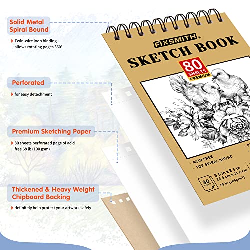 FIXSMITH 5.5"X8.5" Sketch Book | 80 Sheets (68 lb/100gsm) Sketchbook | Top Spiral Bound Artist Sketch Pad | Acid Free Drawing Pad | Ideal for Kids, Beginners, Artists & Painters | Bright White