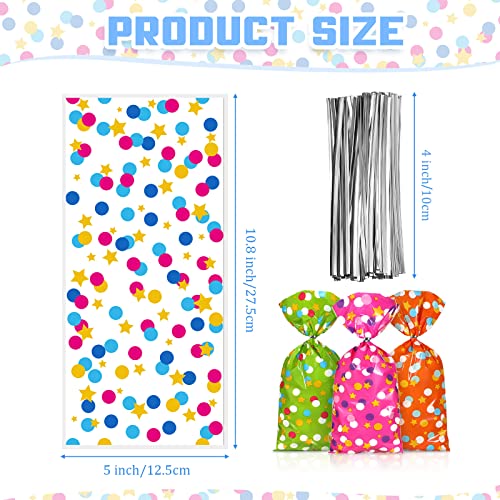 100 Pcs Cellophane Treat Bags, Polka Dots Goodie Bags Star Party Favor Candy Bags with 100 Twist Ties Rainbow Stars Theme for Birthday Baby Shower Pride Day School Supplies (Dot Style)