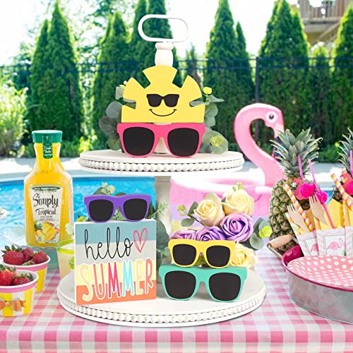 Summer Decor - 6 PCS Rustic Summer Tiered Tray Decor - Hello Summer Sunglasses Sunshine Wood Decorations - Luau Party Decorations