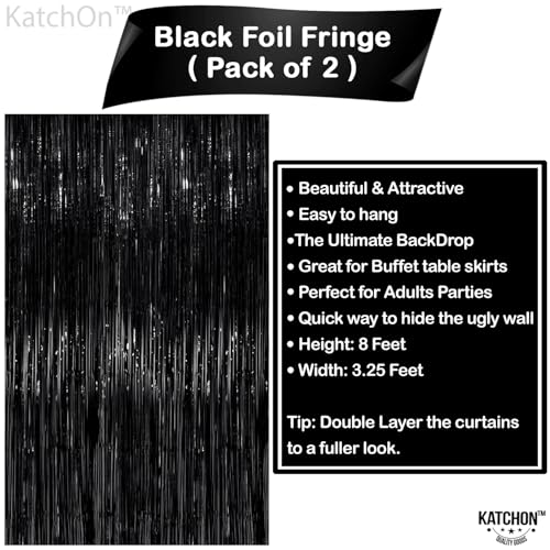 XtraLarge Black Backdrop Curtain - 3.2x8 Feet, Pack of 2 | Black Streamers for Black Birthday Decorations | Black Fringe, Black Curtain Backdrop | Halloween Backdrop for Halloween Decorations