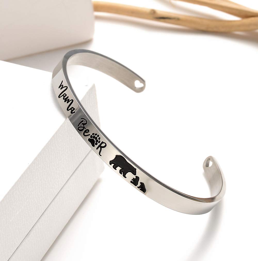 Veeshy Mama Bear Cuff Bracelets, Mother with Two 2 Cubs Bangles, Womens Stainless Steel Jewelry, Christmas Birthday Thanksgiving Gifts for Mummy Mom