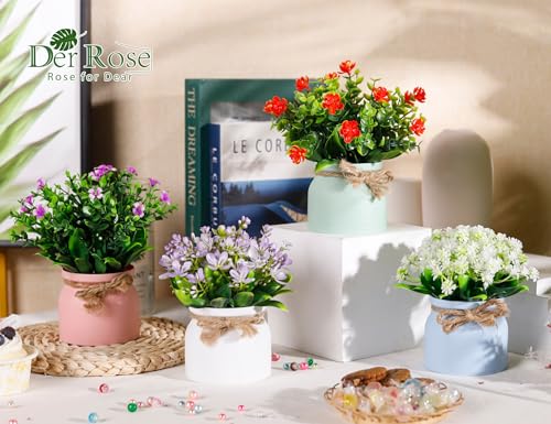 Der Rose 4 Pack Fake Flowers Small Artificial Faux Plants Indoor in Plastic Macaron Pot Spring Decor for Centerpiece Table Decorations Home Office Desk Decor