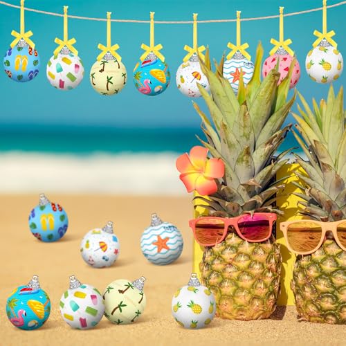 16 Pcs Summer Hanging Ornaments Hanging Hawaiian Style Ball Decoration Ice Cream Orange Juice Flamingo Sea Seahorse Style Ball for Summer Holiday Party Tree Decor(Beach)