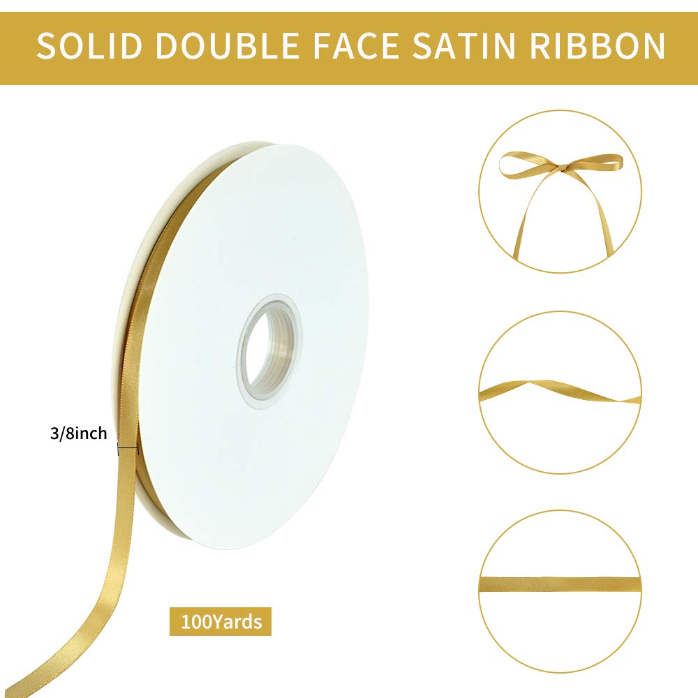 TONIFUL 3/8 Inch x 100yds Gold Satin Ribbon Thin Solid Fabric Ribbons Roll for Gift Wrapping Invitation Floral Hair Balloons Craft Sewing Party Wedding Popsicles Decoration Valentine's Day Bouquet