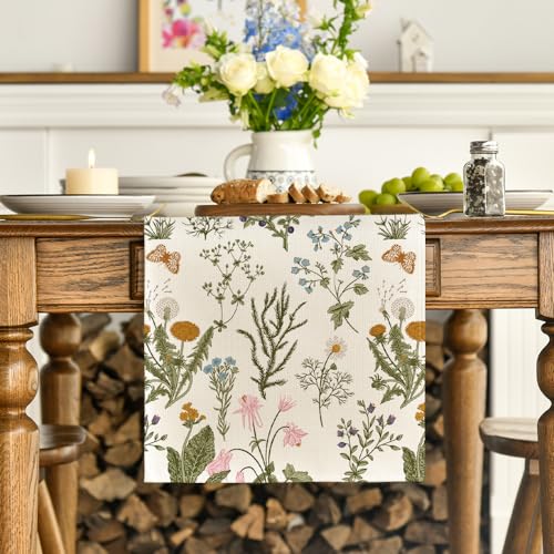 Mode Wildflowers Floral Spring Table Runner, Seasonal Summer Butterfly Kitchen Dining Table Decoration for Home Party 13x72 Inch