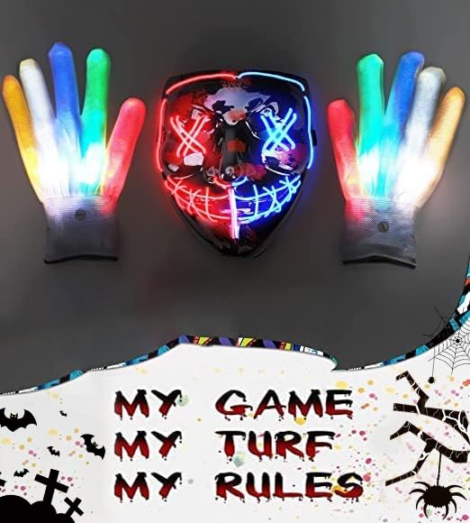 STONCH Halloween Mask Skeleton Gloves Set, 3 Modes Light Up Scary LED Mask with LED Glow Gloves, Halloween Decorations Anonymous Carnival Costumes glow purge Masks Gift for Boys Girl