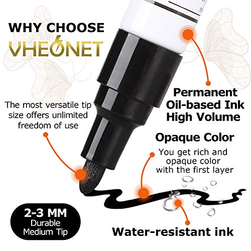 VHEONET Black Paint Markers Pens - Single Color 6 Pack Permanent Oil-Based Metallic Paint Pen, Medium Tip, Quick Dry and Waterproof Marker for Rock, Stone, Wood, Plastic, Glass, Mugs, Fabric, Canvas