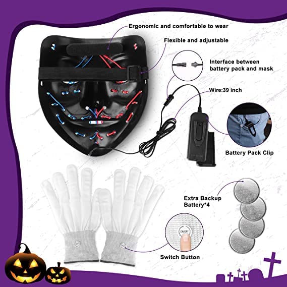 STONCH Halloween Mask Skeleton Gloves Set, 3 Modes Light Up Scary LED Mask with LED Glow Gloves, Halloween Decorations Anonymous Carnival Costumes glow purge Masks Gift for Boys Girl