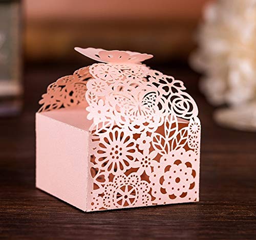KAZIPA 50pcs Laser Cut Butterfly Favor Boxes, 2.6" x 2.6" x 1.6" Floral Favor Boxes, Party Favor Boxes for Bridal Shower Anniversary Wedding Party Favor, Pink