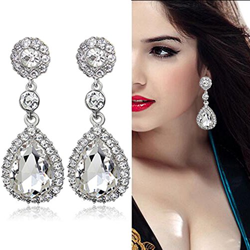 Gorgeous Austrian Cut Crystal Rhinestone Pierced Wedding Bridal Teardrop Drop Dangle Earrings (pierced-white)