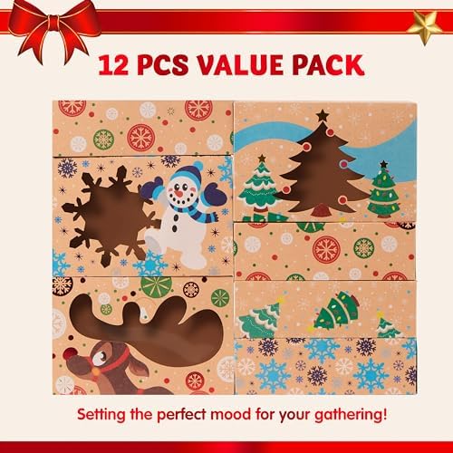 JOYIN 12 Foiled Kraft Christmas Cookie Boxes with Window 8.5" x 5.75" x 2.75", Treat Boxes with 3 Designs for Pastries, Cupcakes, Brownies, Gift-Giving, Doughnut and Cookie, Brown Kraft Bakery Boxes