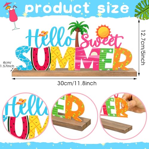 Hello Sweet Summer Metal Sign Rustic Table Decor Holiday Tiered Tray Decor with Wooden Base Freestanding Metal Word Sign for Home Tabletop Centerpiece Mantel Shelf Fireplace