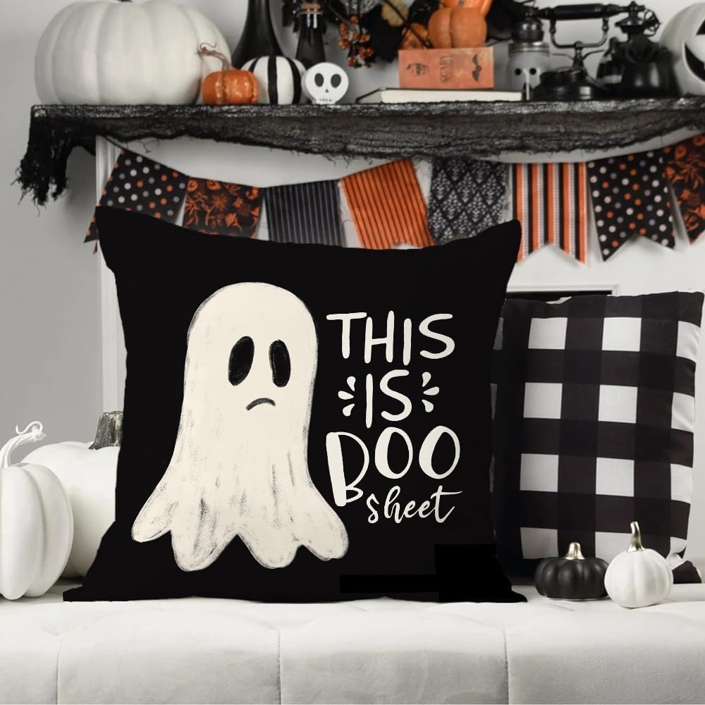 Halloween Pillow Cover 18X18 Inch Ghost Funny Halloween Saying Decoration Holiday Farmhouse Pillow Case Decor for Home Sofa Couch Indoor Outdoor AA188-18