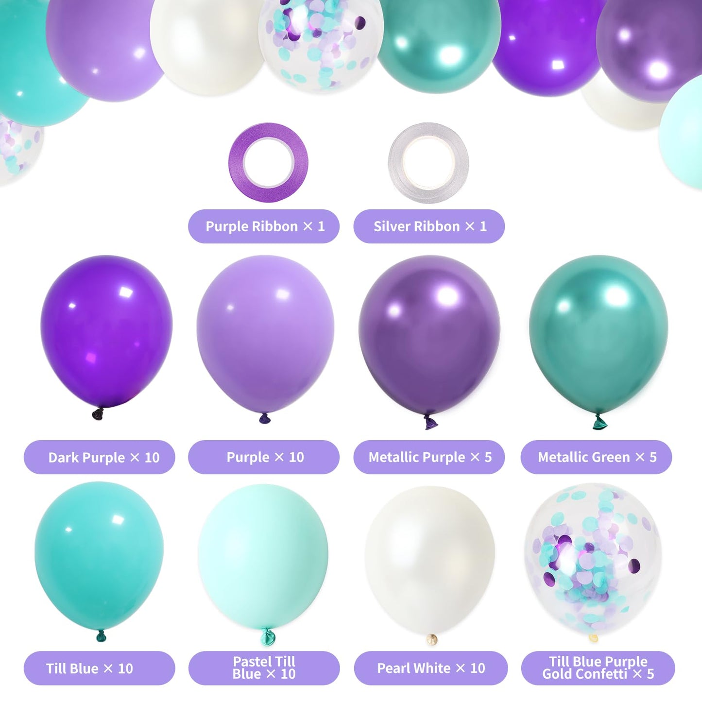 RUBFAC 65pcs 12 Inches Teal Blue Purple Balloons, Little Mermaid Birthday Decorations, Metallic Green Purple Latex Balloons for Girls Party Baby Shower