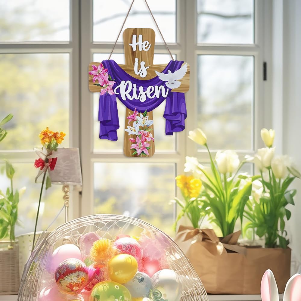 He is Risen Easter Decorations, Wood Cross Wall Signs, Wooden Wreaths for Front Door, Christian Jesus Lily Flowers Dove Hanging Crafts for Spring Home Farmhouse Party Porch Mantel Window Decor