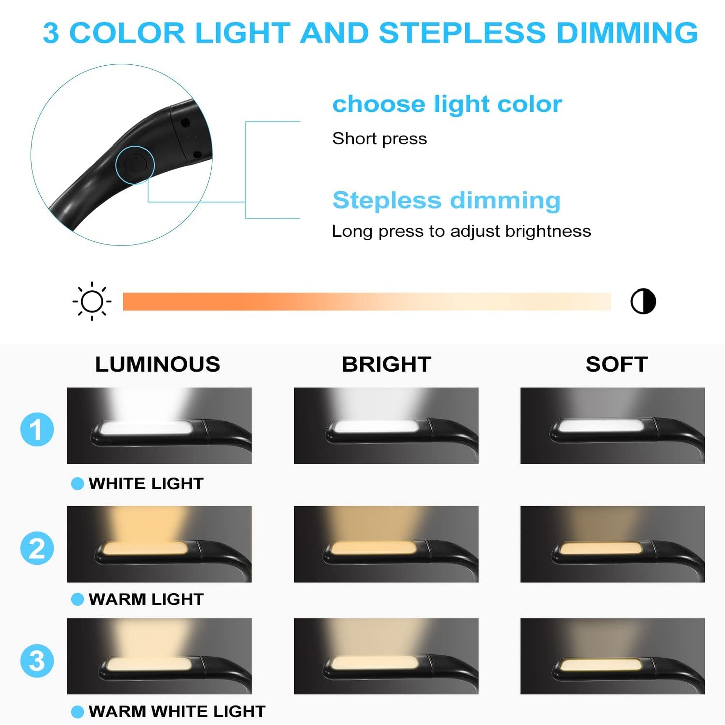 LED Neck Reading Light,Book Light In Bed,Adjustable Brightness Desk Lamp,3 Color with Bendable Arms,Suitable for Repairing,Night Running,Walking,Knitting,Camping (1PCS)