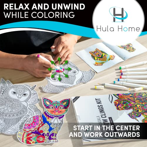 Hula Home Stained Glass Mandala Art Kit - Animal DIY Window Clings with Markers, 10 Suncatchers - Perfect Hobby for Adults, Kids, Teens & Seniors - Ideal Gift for Beginners, Women & Elderly