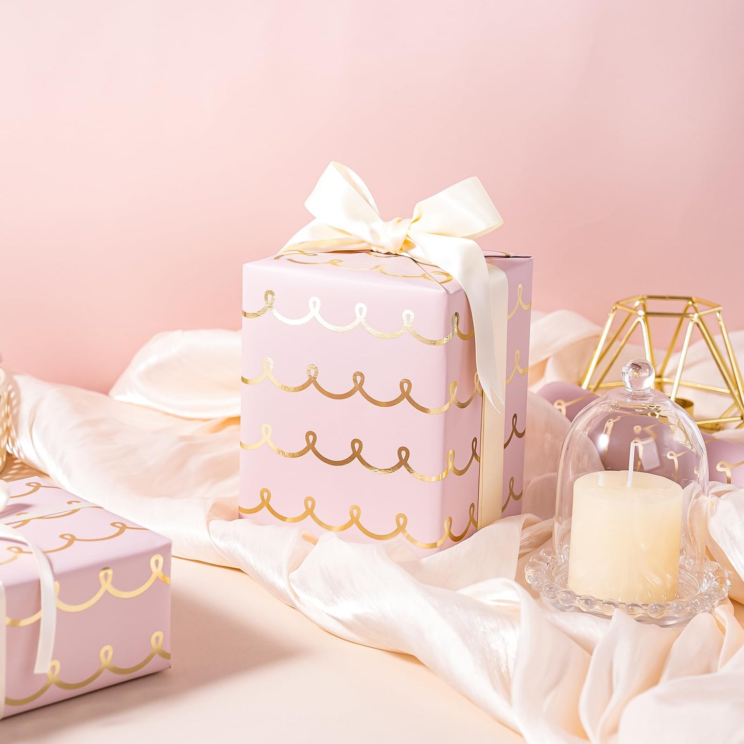 Pink Wrapping Paper Roll - Mini Roll - 17 Inch x 33 Feet - Metallic Foil Chic Classic Pink and Gold Wedding Wrapping Paper for Birthday, Wedding, Baby Shower, Valentine's Day