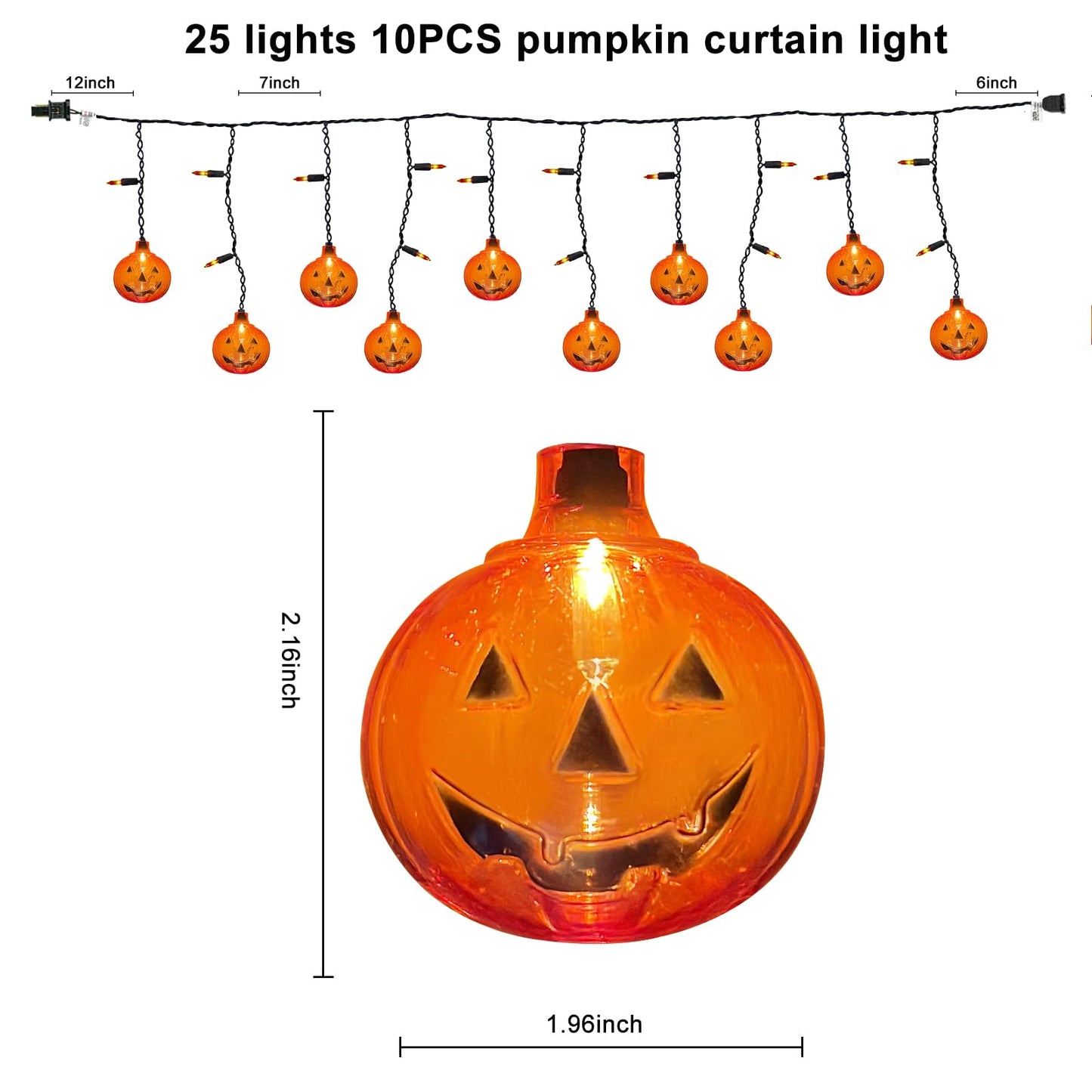 Romasaty Halloween 7FT Pumpkin Curtain Lights with 10 Waterproof Pumpkin String Lights, 25 LED Halloween Themed Lights for Windows, Porches, Stairs, Bars, Outdoor, Indoor Party Decorations