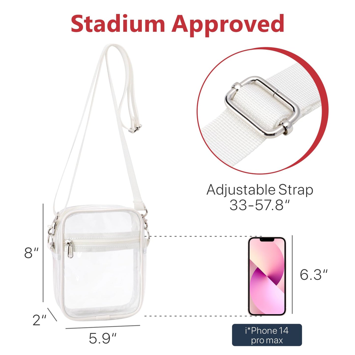PACKISM Clear Purses for Women Stadium - Clear Bag Stadium Approved Crossbody Bag Adjustable Shoulder Strap for Concerts Sports Festivals Events Game Day, White
