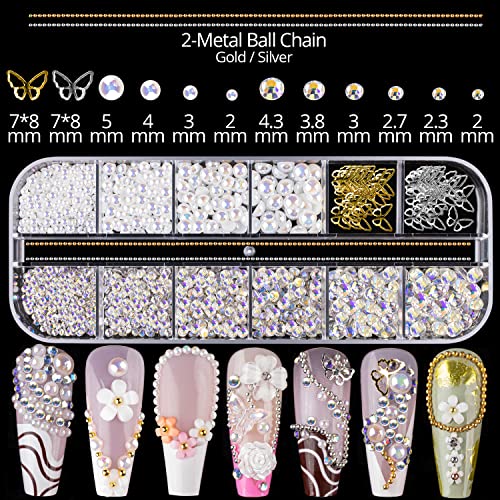 Mixed 3D Nail Art Gem Decoration Accessories Kit #1, Aurora Bear Bow Butterfly Starry AB Rhinestone Charm Jewelry for Deco, Pearl Flower Caviar Bead Stone Crystal with Dual-End Brush and Tweezer