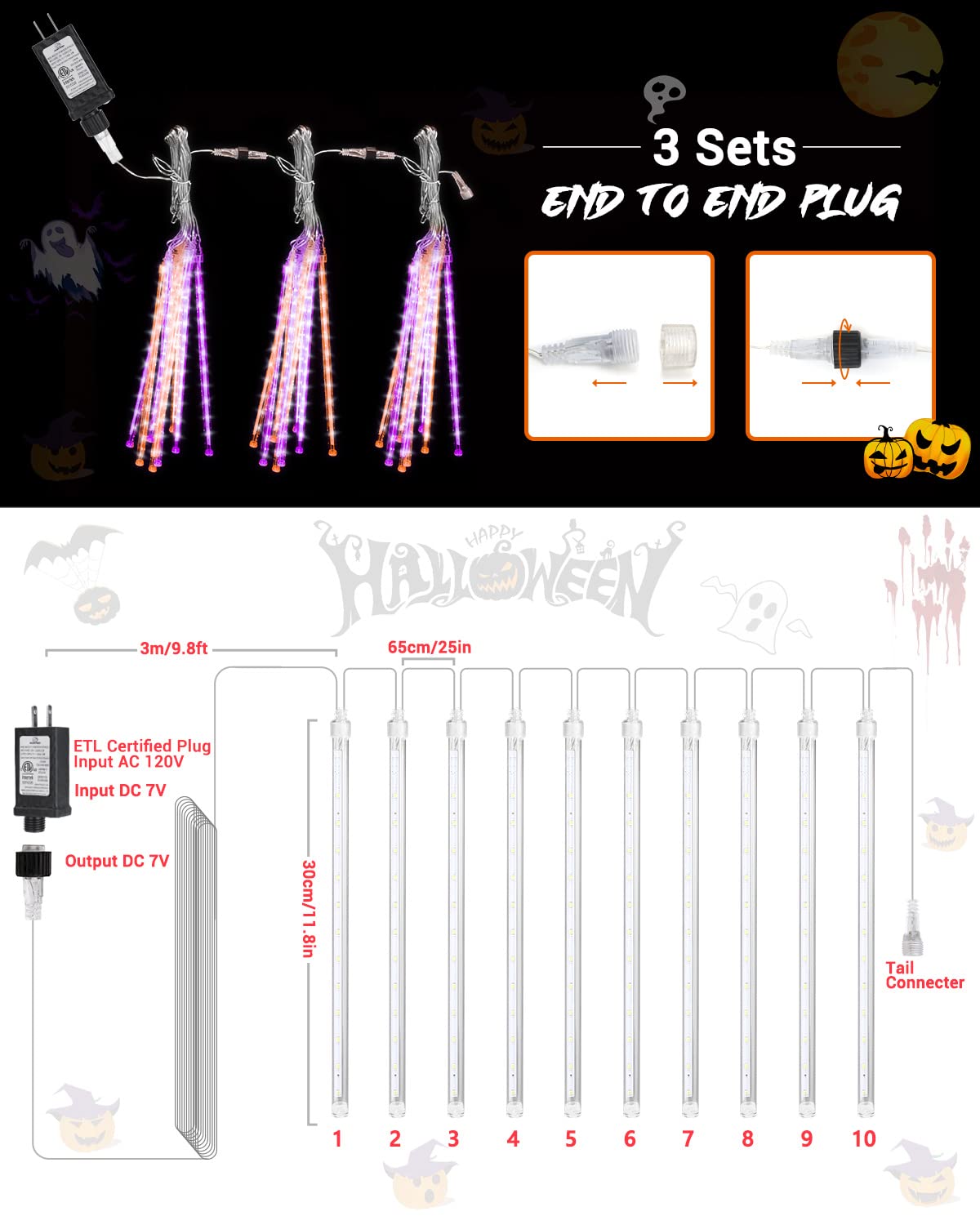 Halloween Lights Outdoor 10 Tubes 240 LED Raindrop Lights Meteor Shower Icicle Lights with Timer Function Cascading Lights Falling Rain Lights for Halloween Orange Purple
